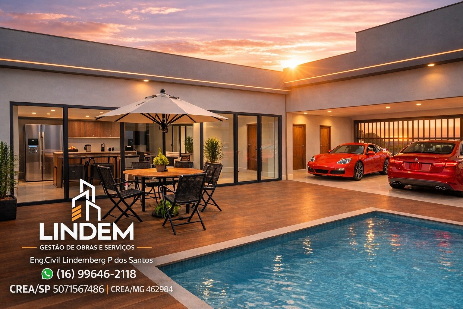 Projeto Lindem Engenharia — Fachada de Lazer ao Entardecer